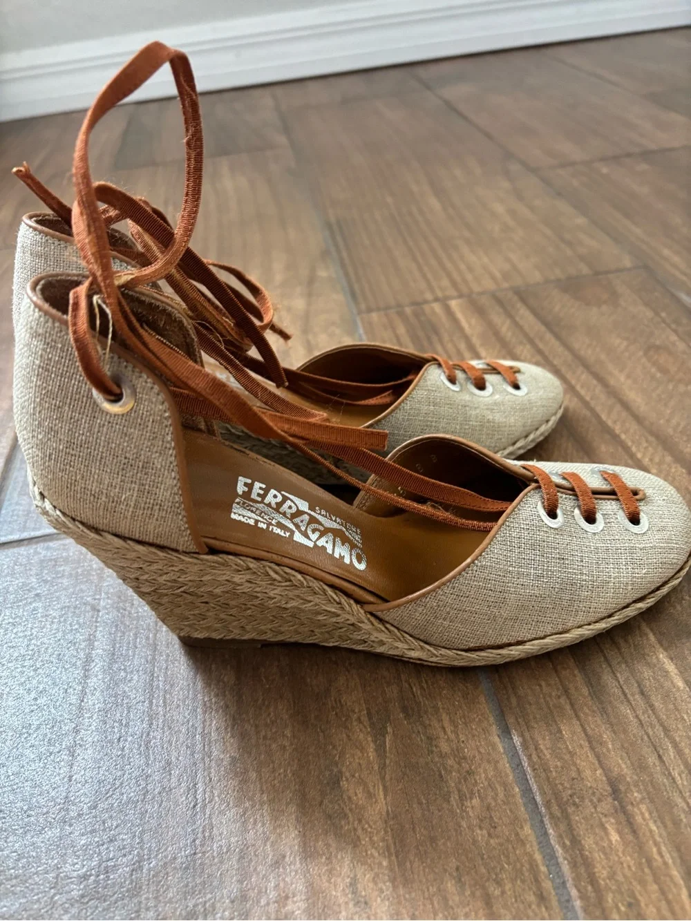 Salvatore Ferragamo Jute Fabric and Leather Espadrille Wedge Pumps Size 8
